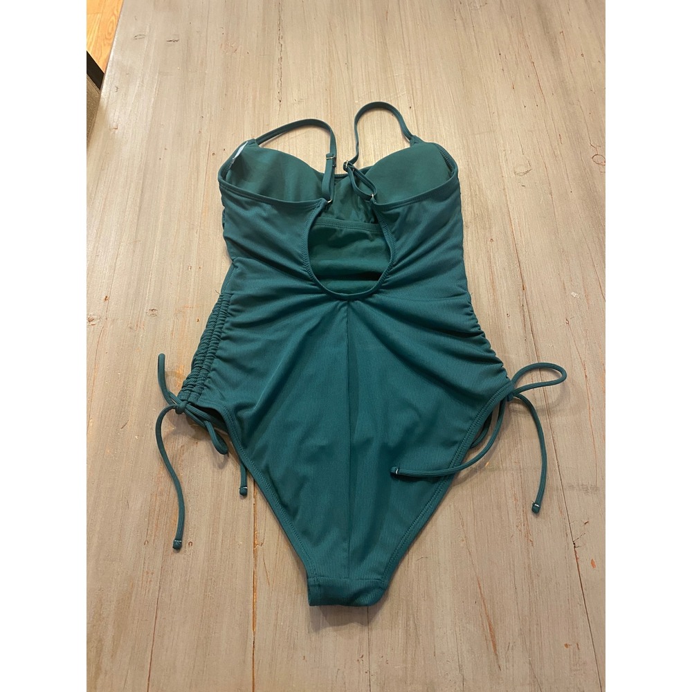Shade & Shore Womens Ribbed One Piece Swimsuit Teal Green Cinch Side XS 0-2